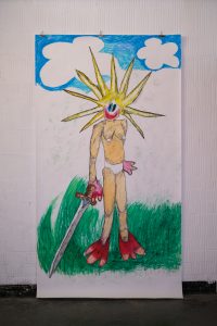 GELI DERZAPF Frau mit Sonne bekleidet | 2026 | Collage aus Ölkreide, Buntstiften auf Papier | 272 x 150cm